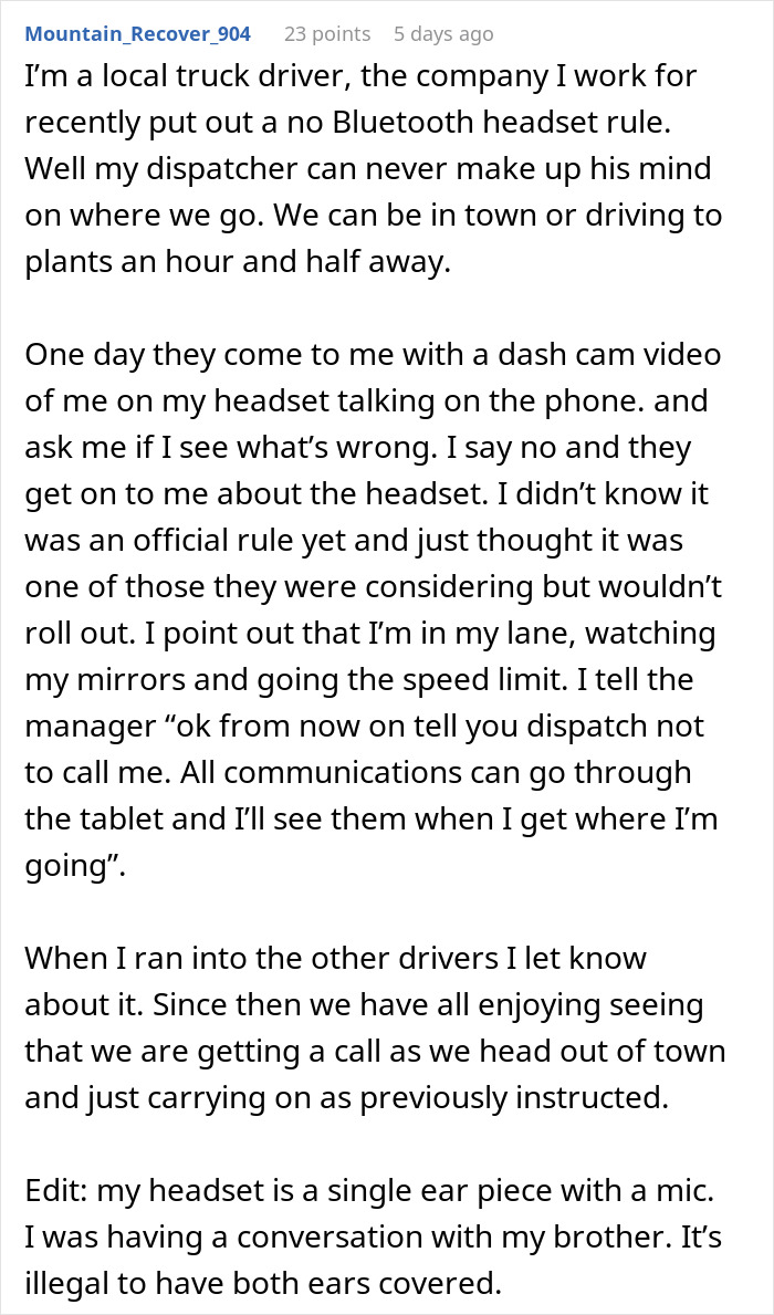 Text post of a truck driver sharing a story about manager bans phones work hours and malicious compliance. Text post of a truck driver sharing a story about manager bans phones work hours and malicious compliance.