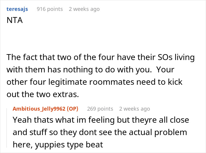 Screenshot of an online discussion about a nonbinary person refusing roommates’ boyfriends to use their private bathroom. Screenshot of an online discussion about a nonbinary person refusing roommates’ boyfriends to use their private bathroom.