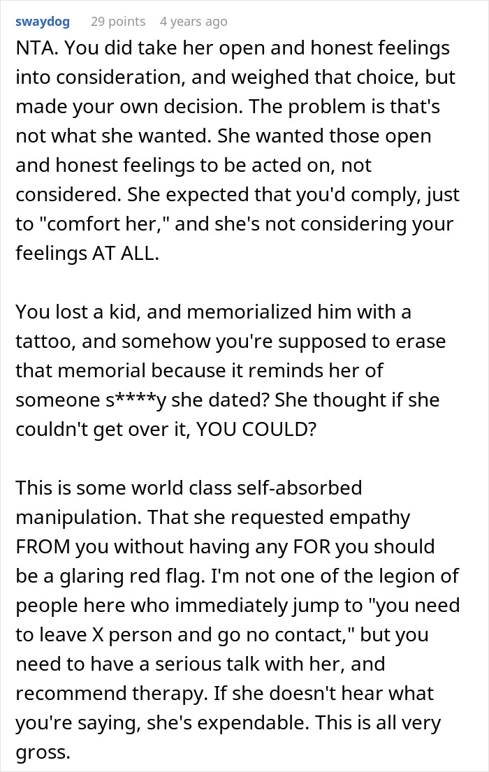 Man discusses refusal to remove tattoo of late son's name despite girlfriend saying it&rsquo;s a trigger for her emotions.