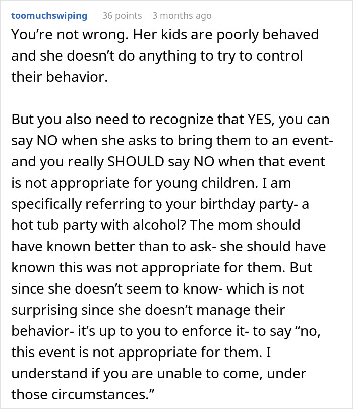 Comment discussing poorly behaved kids influencing a decision to choose childfree events in future social gatherings. - 27