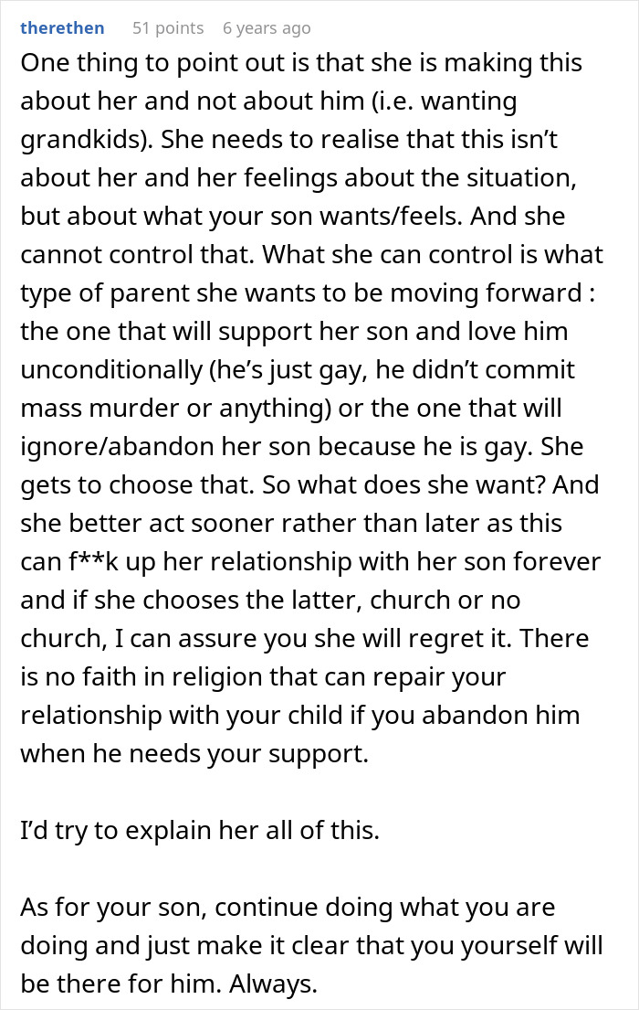 Comment urging a parent to support their gay son and highlighting the importance of unconditional love and acceptance.