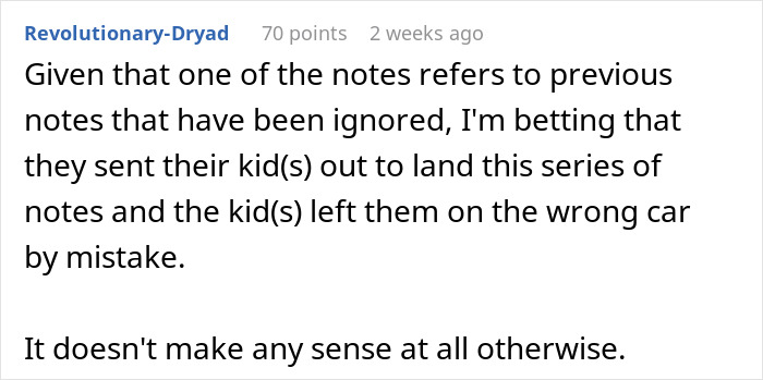 Comment discussing a series of anonymous notes aiming to trick a woman into giving up her parking spot.