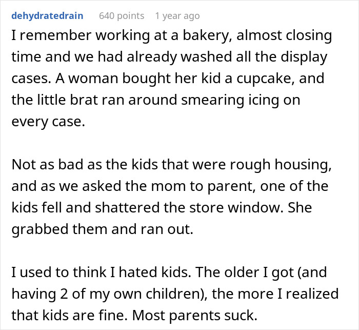 User comment about parents leaving kids unattended in a store causing damage and irresponsibility discussed.