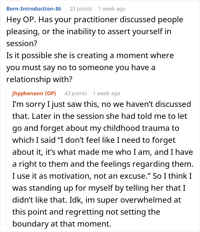 Reddit thread showing woman baffled by psychiatrist’s unhinged request to forget childhood trauma during session. Reddit thread showing woman baffled by psychiatrist’s unhinged request to forget childhood trauma during session.