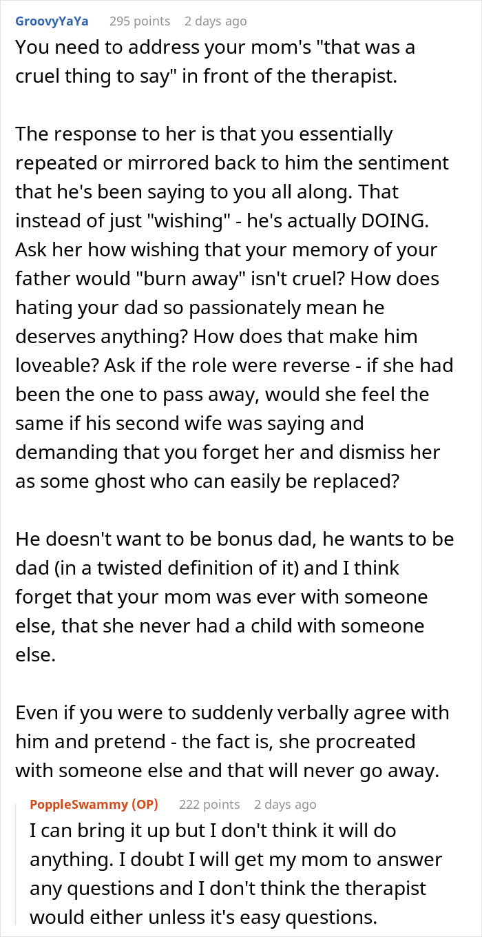 Alt text: Reddit comments discussing a guy trying to become his teen stepson's real dad facing rejection and family therapy challenges. - 24
