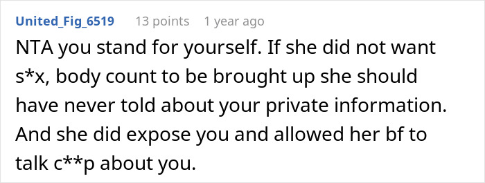 Comment highlighting a friend’s boyfriend judging a woman’s body count and her exposing his girlfriend’s instead. Comment highlighting a friend’s boyfriend judging a woman’s body count and her exposing his girlfriend’s instead.