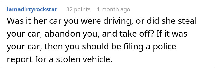 Text comment discussing a sister hijacking a road trip and expecting babysitting, suggesting filing a police report. Text comment discussing a sister hijacking a road trip and expecting babysitting, suggesting filing a police report.