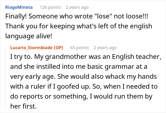Screenshot of a Reddit thread discussing proper grammar usage and personal experiences with an English teacher&rsquo;s guidance.