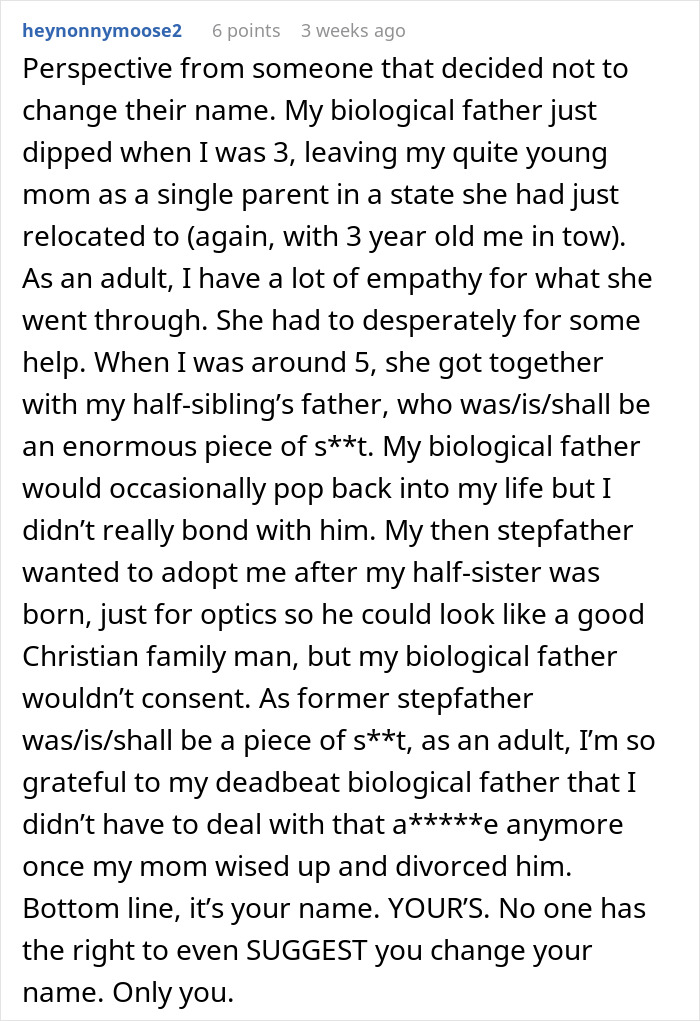 Commenter shares perspective on teen wanting to keep late father last name despite mother being upset with situation.