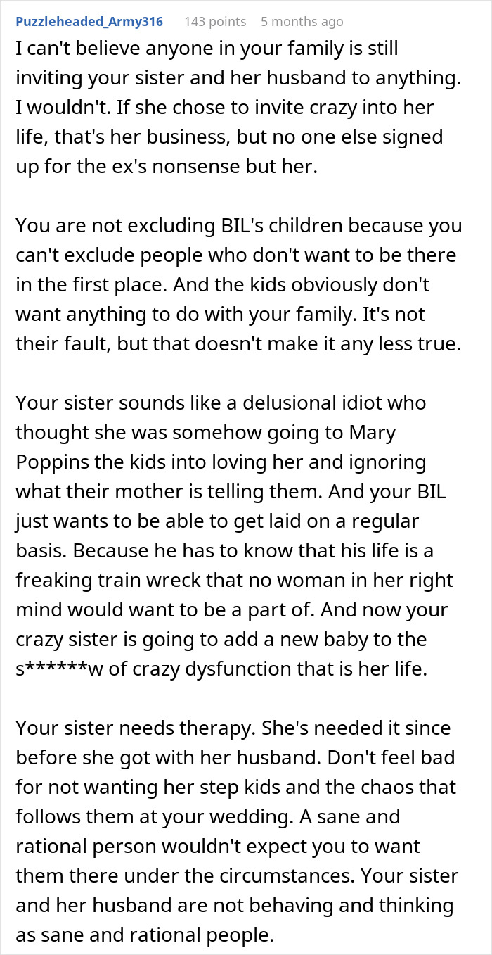 Screenshot of a Reddit comment discussing family drama involving BIL’s nightmare ex and wedding event issues. - 23