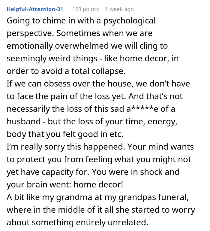 Comment discussing psychological perspective on emotional overwhelm and coping after husband&rsquo;s confession of love for colleague.