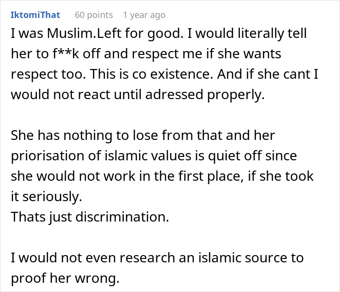 Screenshot of a forum post discussing coworker misgenders and disrespect towards Muslim religion beliefs.