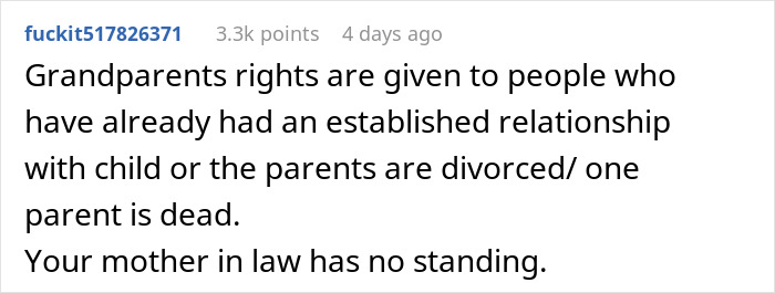 Screenshot of an online comment explaining grandparents rights and stating a mother-in-law has no standing in custody matters. Screenshot of an online comment explaining grandparents rights and stating a mother-in-law has no standing in custody matters.