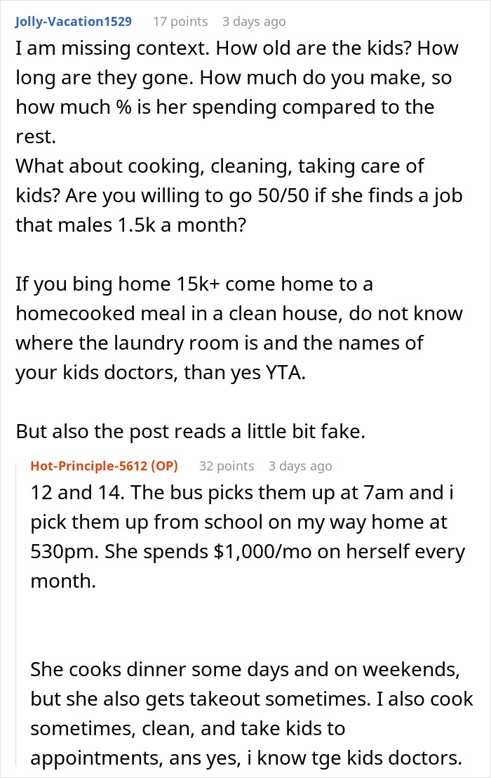 Screenshot of a Reddit conversation discussing a man ordering wife to get a job instead of going on an allowance. Screenshot of a Reddit conversation discussing a man ordering wife to get a job instead of going on an allowance.