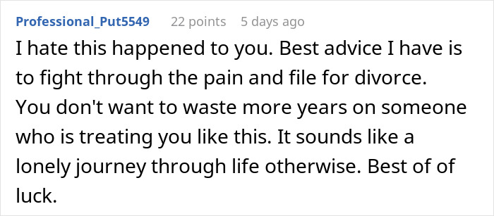 Comment from user Professional_Put5549 advising to fight through pain and consider divorce when husband has become a different person since their wedding.