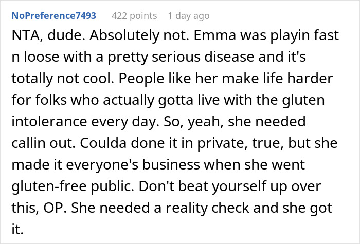Comment discussing a worker calling out a gluten-free colleague at a pizza party for misrepresenting gluten intolerance. Comment discussing a worker calling out a gluten-free colleague at a pizza party for misrepresenting gluten intolerance.