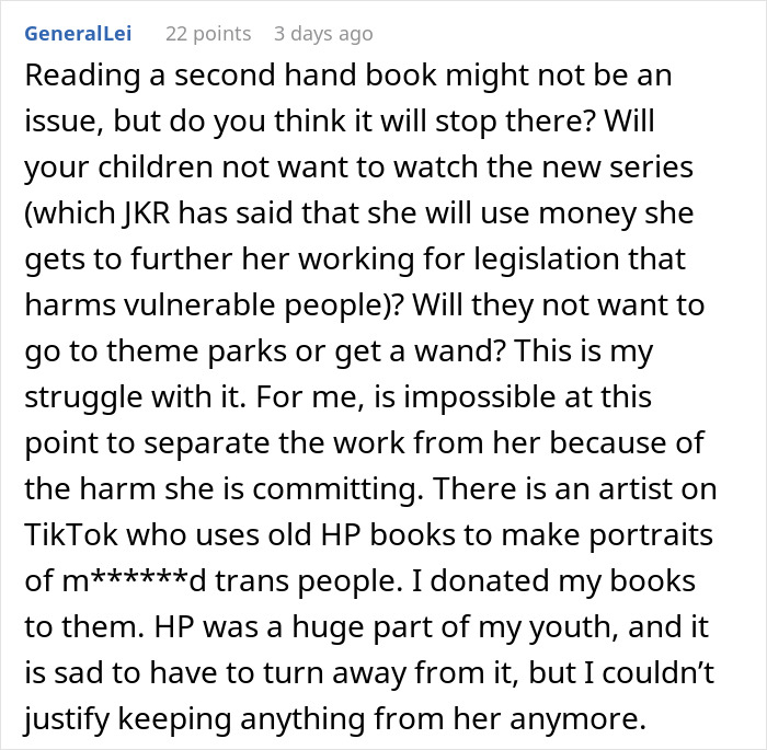 Comment discussing controversy over Harry Potter books linked to bigoted and hateful person, affecting families and children.
