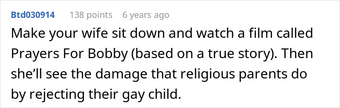Screenshot of an online comment about supporting a gay son after parental rejection and religious conflict.
