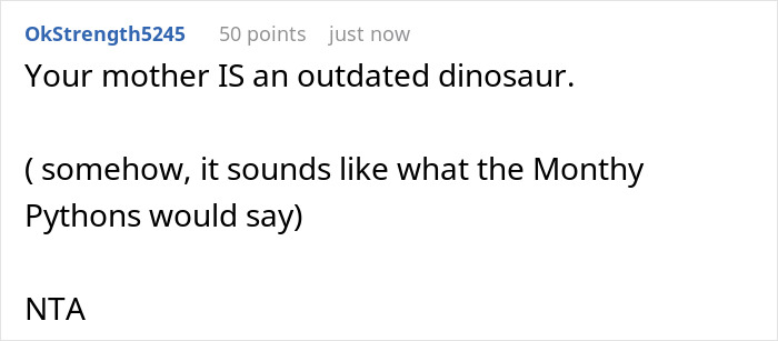 Screenshot of a reddit comment calling mother an outdated dinosaur in discussion about son carrying pads for daughters.