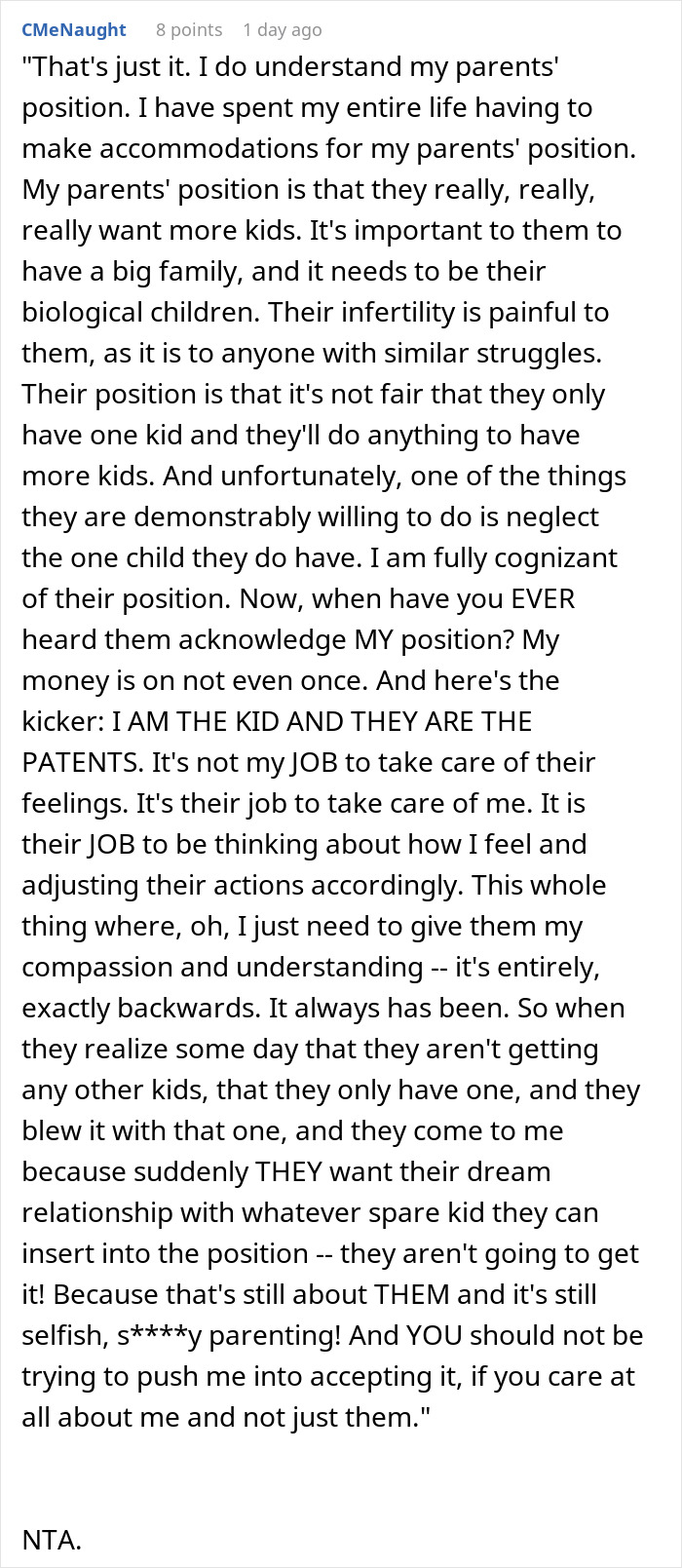 Comment discussing parents wanting more kids but neglecting the one they already have and its emotional impact. - 41