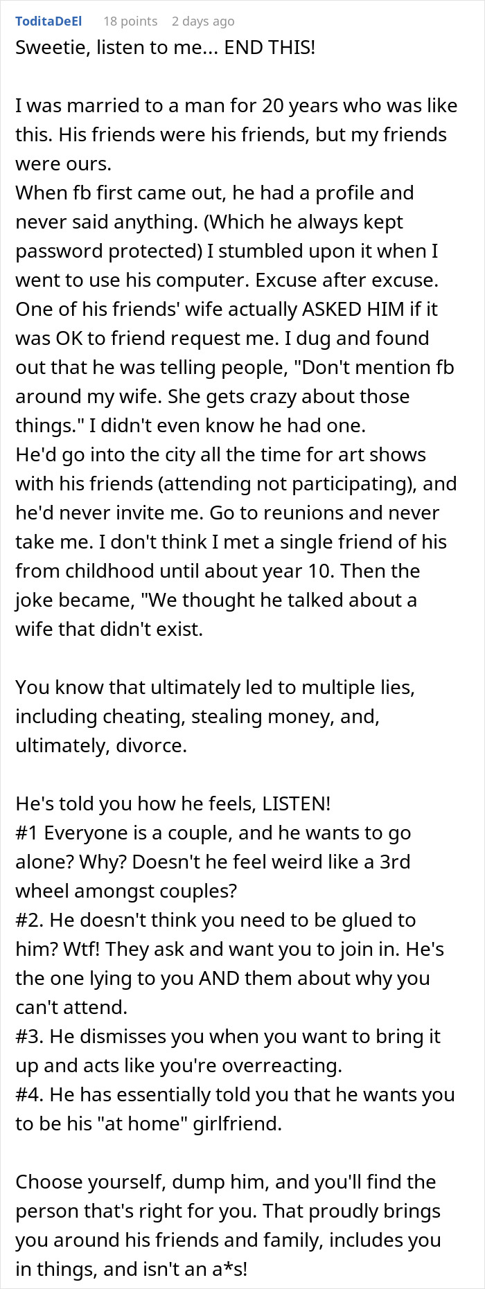 Woman finds out boyfriend told friends she couldn&rsquo;t join couples trip without asking her, feeling excluded and betrayed.