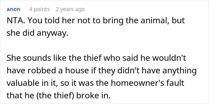 Comment discussing a wedding guest ignoring instructions, leading to a pet pig causing disruption at the event.