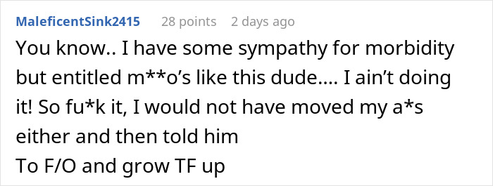 Commenter expressing no sympathy for entitled train bully, insisting on standing up and telling him to grow up.