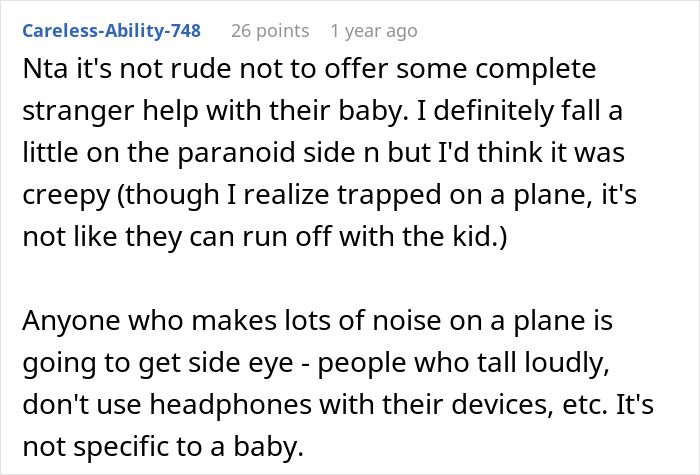 Reddit comment discussing a mom taking kids on a 9-hour flight and complaints about lack of help from strangers.