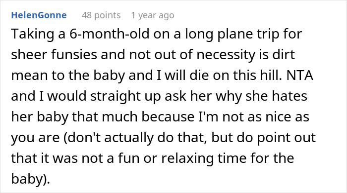 Screenshot of a Reddit comment discussing challenges of flying with a baby, related to mom and kids on a flight.
