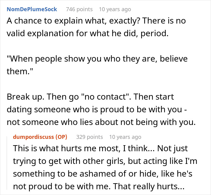 Screenshot of a Reddit discussion about a guy pretending to be single and making excuses when confronted by his girlfriend.