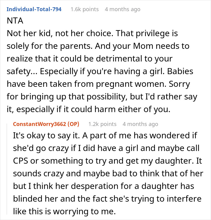 Reddit conversation discussing a mom of 6 boys obsessed with knowing if her sister is expecting a girl and family conflicts. - 12