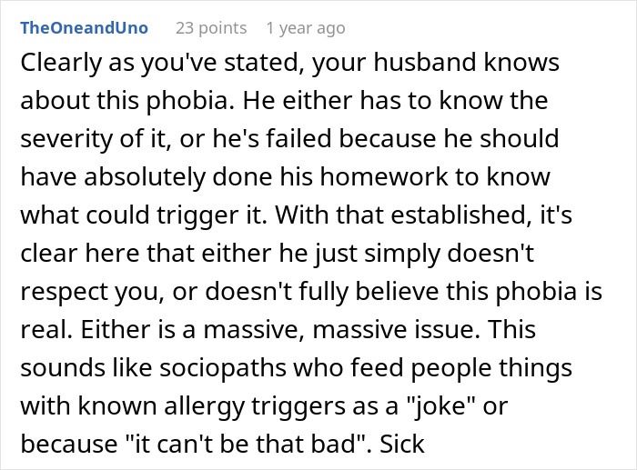 Comment discussing a husband&rsquo;s prank triggering his claustrophobic wife, showing lack of respect for her condition.