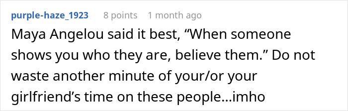 Reddit comment sharing a Maya Angelou quote about recognizing true character and not wasting time on unworthy people.