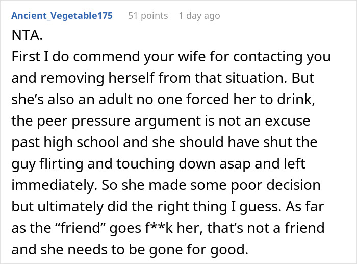 Commenter discusses wife’s drunk hookup with another man, emphasizing personal responsibility and ending toxic friendships. Commenter discusses wife’s drunk hookup with another man, emphasizing personal responsibility and ending toxic friendships.