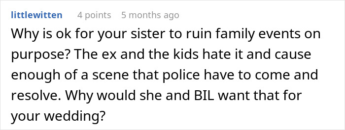 Screenshot of a comment discussing a BIL’s nightmare ex ruining family events and concerns about a wedding disruption. - 40