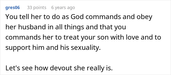 Comment urging support for gay son and emphasizing respect for family roles and love despite conflict.