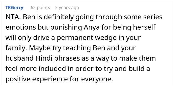Comment suggesting that punishing a kid for using native language causes family conflict and advising inclusive language teaching.