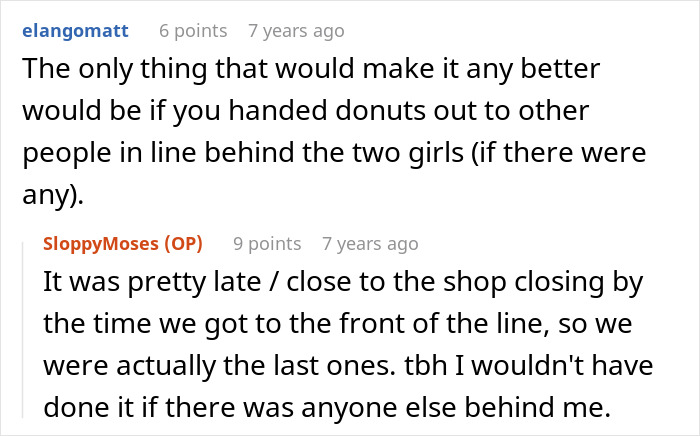Screenshot of a Reddit comment discussion about a lady stealing a couple&rsquo;s parking spot and receiving revenge instead of donuts.