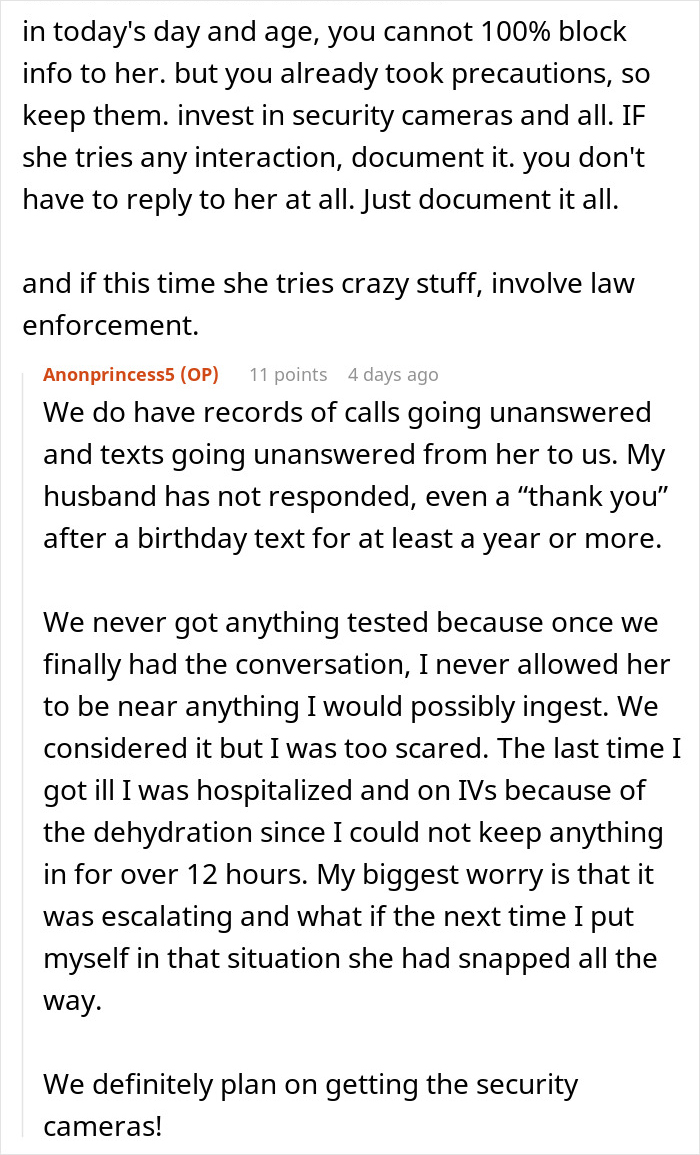 Commenter shares fears about mother-in-law poisoning and plans for security cameras amid pregnancy concerns. Commenter shares fears about mother-in-law poisoning and plans for security cameras amid pregnancy concerns.