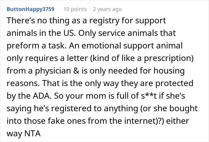 Image showing a text comment discussing the lack of a registry for support animals and emotional support animal requirements in the US.