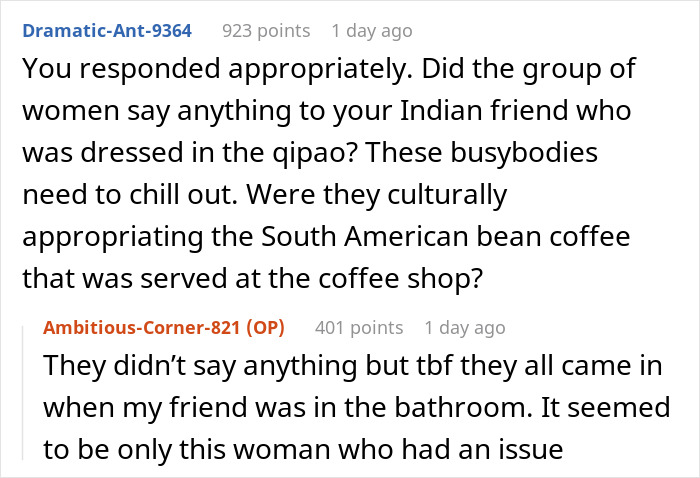 Screenshot of a Reddit conversation discussing cultural appropriation involving a lady swapping traditional attire with her friend.