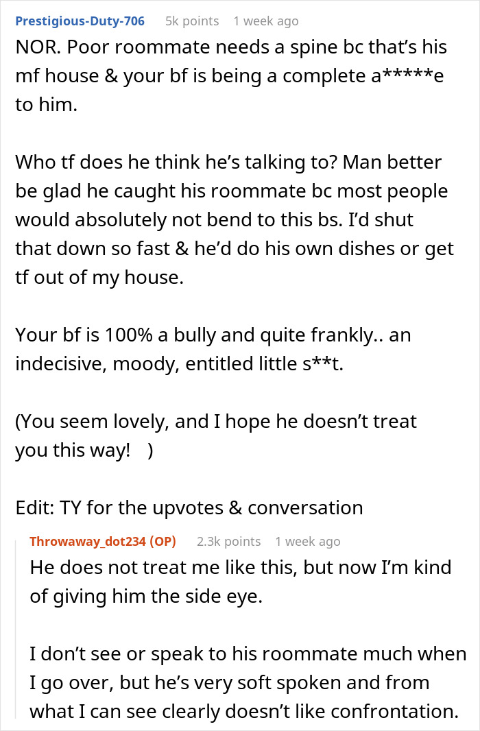 Text excerpt showing a discussion about a boyfriend treating a kind roommate like the help by ordering him to do chores.