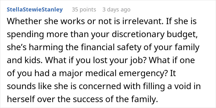 Comment discussing financial safety and the husband telling his wife to get a job over an allowance dispute. Comment discussing financial safety and the husband telling his wife to get a job over an allowance dispute.