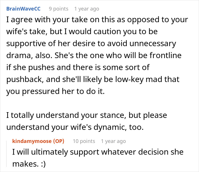 Comment thread discussing support and caution regarding a wife&rsquo;s decision and relationship dynamics.