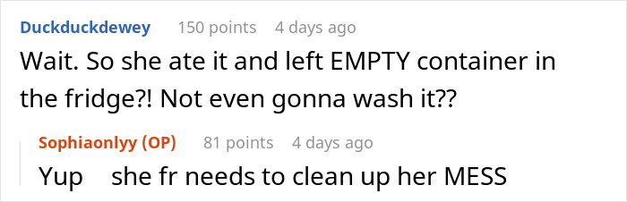 Screenshot of online comments discussing leftover pasta theft and a woman&rsquo;s decision to buy a mini fridge for food security.