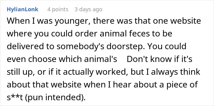 Comment about a website delivering animal feces, reflecting on karma related to a boss making life difficult for grieving employee.