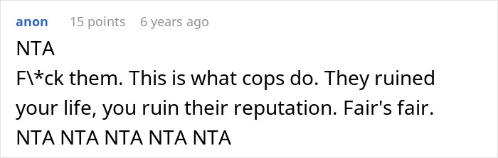 Screenshot of an online comment supporting a man wrongfully jailed who refuses to take down a website exposing a detective.
