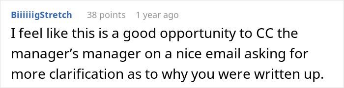 Text message conversation where a user mentions a good chance to CC the manager&rsquo;s manager for clarification on a formal reprimand.