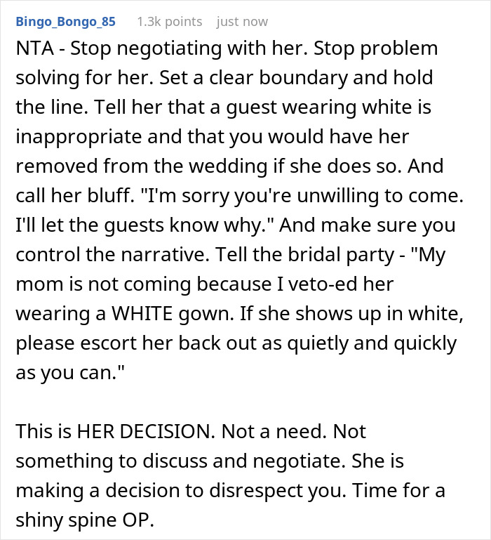 Reddit advice on bride's mom threatening to wear white gown and bride setting boundaries for wedding dress code.