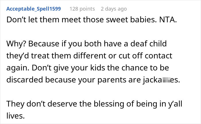 Commenter advises against letting parents meet children due to fear of being cut off, reflecting man defending wife and parents conflict.